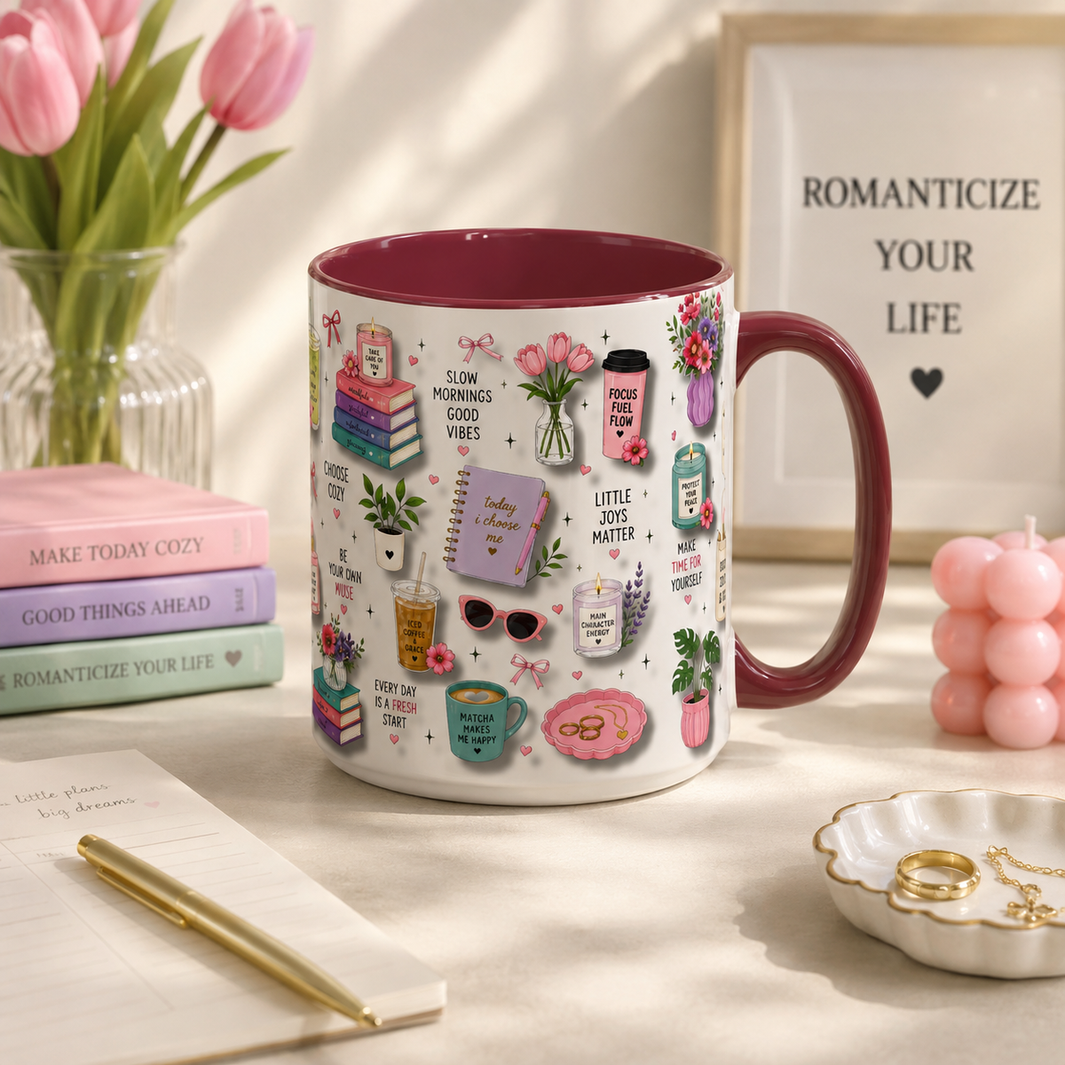 Cozy Floral Books 3D Pattern Coffee Mug (11oz/15oz) — Inspirational Self-Care Quotes